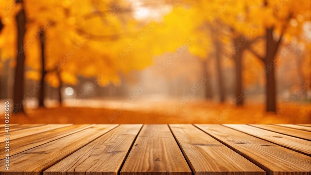 Empty wooden table top set in an autumn park, with a blurred backdrop of vibrant trees and fallen leaves. Empty wooden table top set in an autumn park, with a blurred backdrop of vibrant trees and fallen leaves.