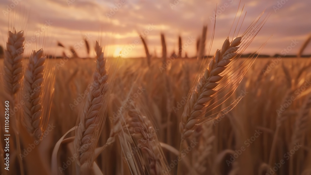 Golden Wheat Field at Sunset - Close-Up of Ears of Wheat in Beautiful Nature Landscape Golden Wheat Field at Sunset - Close-Up of Ears of Wheat in Beautiful Nature Landscape