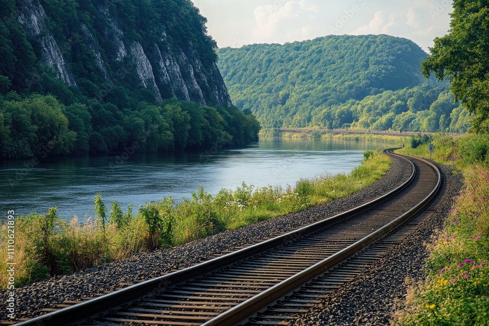 Fototapeta premium A scenic railway track running alongside a river, with large hills and forests in the background. The railway is surrounded by lush greenery and the occasional wildflower, 