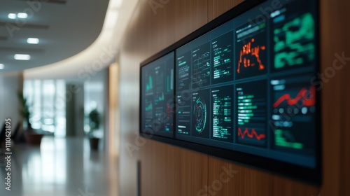 Wallpaper Mural touchscreen management concept. Modern office with digital data displays on wooden wall. Torontodigital.ca