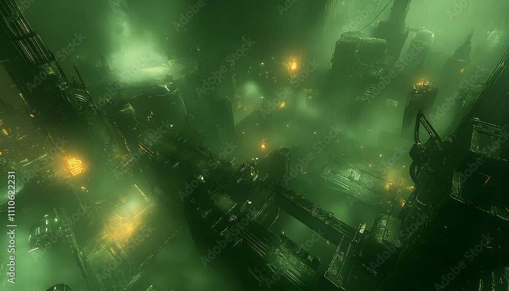 Eerie, atmospheric digital painting of a futuristic, dystopian city shrouded in green fog; towering structures, intricate details, and subtle lighting create a haunting, mysterious scene. Eerie, atmospheric digital painting of a futuristic, dystopian city shrouded in green fog; towering structures, intricate details, and subtle lighting create a haunting, mysterious scene.