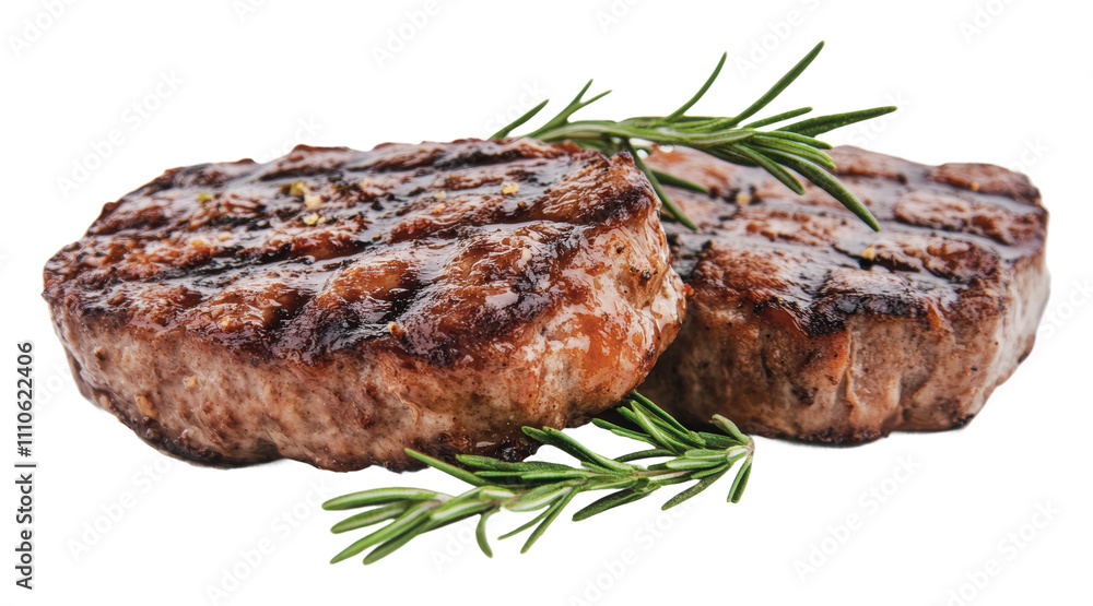 Grilled meat patties garnished with fresh herbs, cut out - stock png. Grilled meat patties garnished with fresh herbs, cut out - stock png.