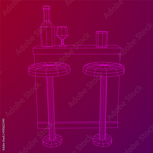 Bar counter with stools, bar top with bottles and glasses. Wireframe low poly mesh vector illustration.