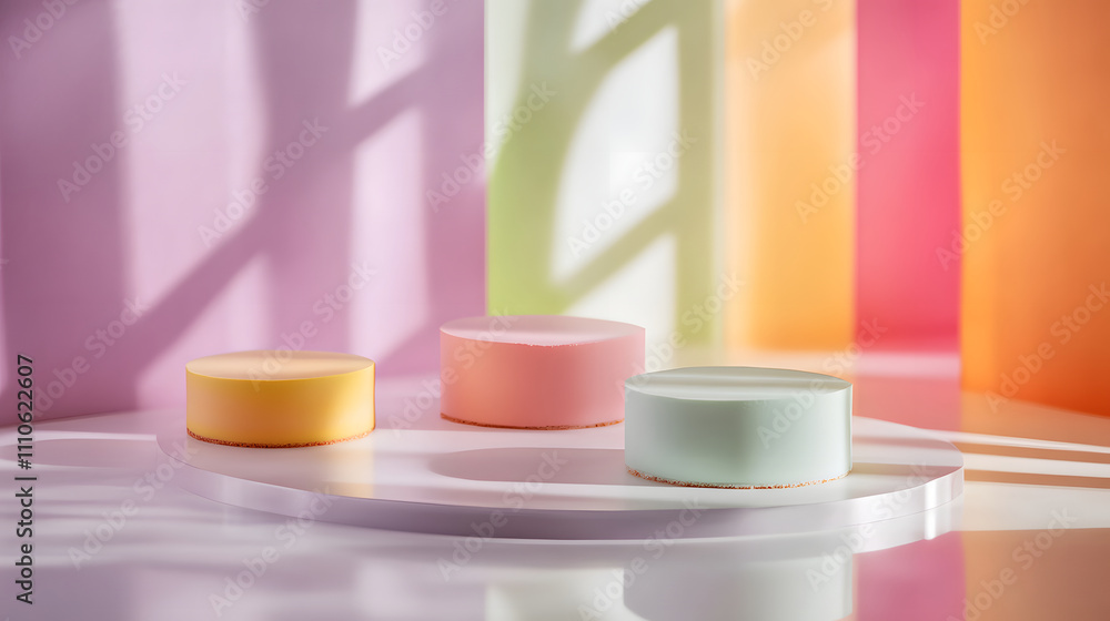 Three pastel-colored cakes sit on a round display in bright, colorful light. Three pastel-colored cakes sit on a round display in bright, colorful light.