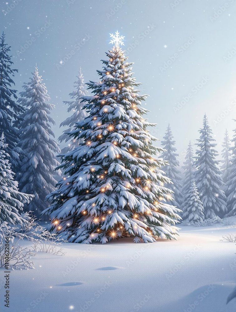 Obraz premium Christmas tree in a snowy forest setting with a peaceful winter vibe, snowy backdrop, peaceful, holiday season, tranquil, snow-covered forest