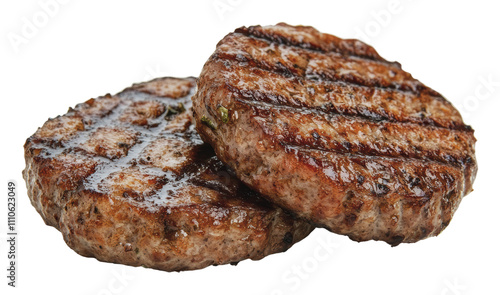 Grilled patties ready for a summer barbecue feast, cut out - stock png.