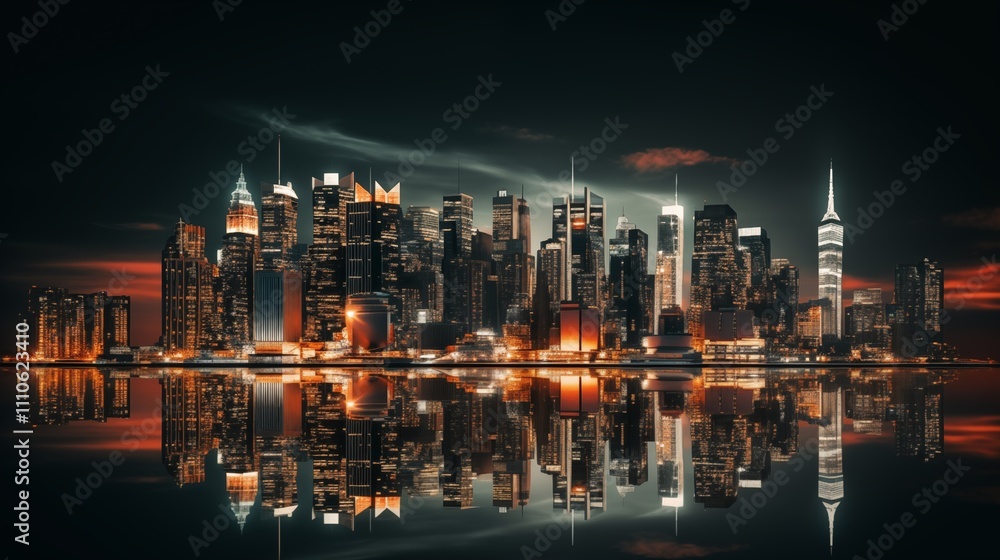 A long exposure image of a city skyline at nighwith a soft pastel background. . Golden Hour Lighting illuminates,generative ai illustration A long exposure image of a city skyline at nighwith a soft pastel background. . Golden Hour Lighting illuminates,generative ai illustration