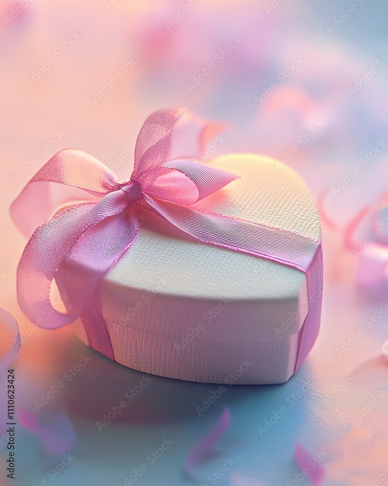 3D Valentine s Day gifts in soft lighting, featuring a heartshaped box and delicate ribbon on a pastel surface 3D Valentine s Day gifts in soft lighting, featuring a heartshaped box and delicate ribbon on a pastel surface