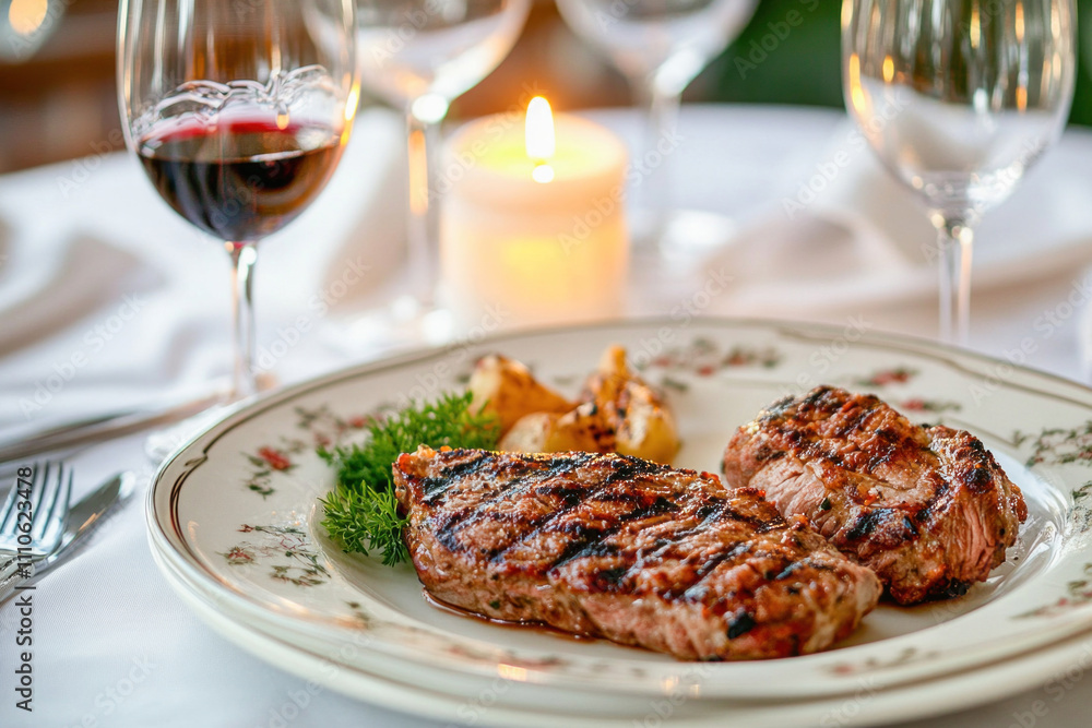 Grilled steaks served on elegant plate with roasted potatoes and wine in romantic restaurant setting Grilled steaks served on elegant plate with roasted potatoes and wine in romantic restaurant setting