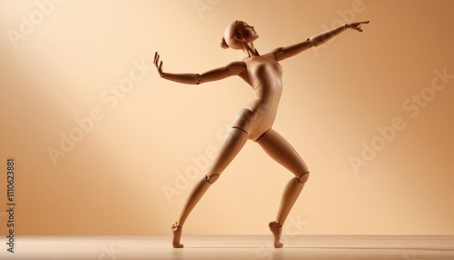 Wooden mannequin posed in an elegant dance position, with soft shadows and a smooth beige backdrop creating a simple, artistic vibe