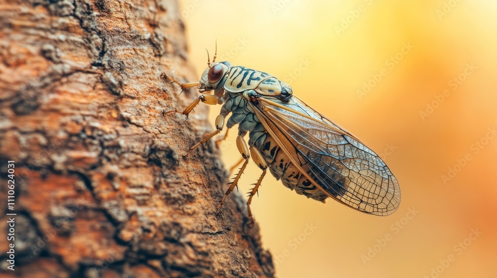 Cicada resting on tree bark, minimal desert-like background Cicada resting on tree bark, minimal desert-like background