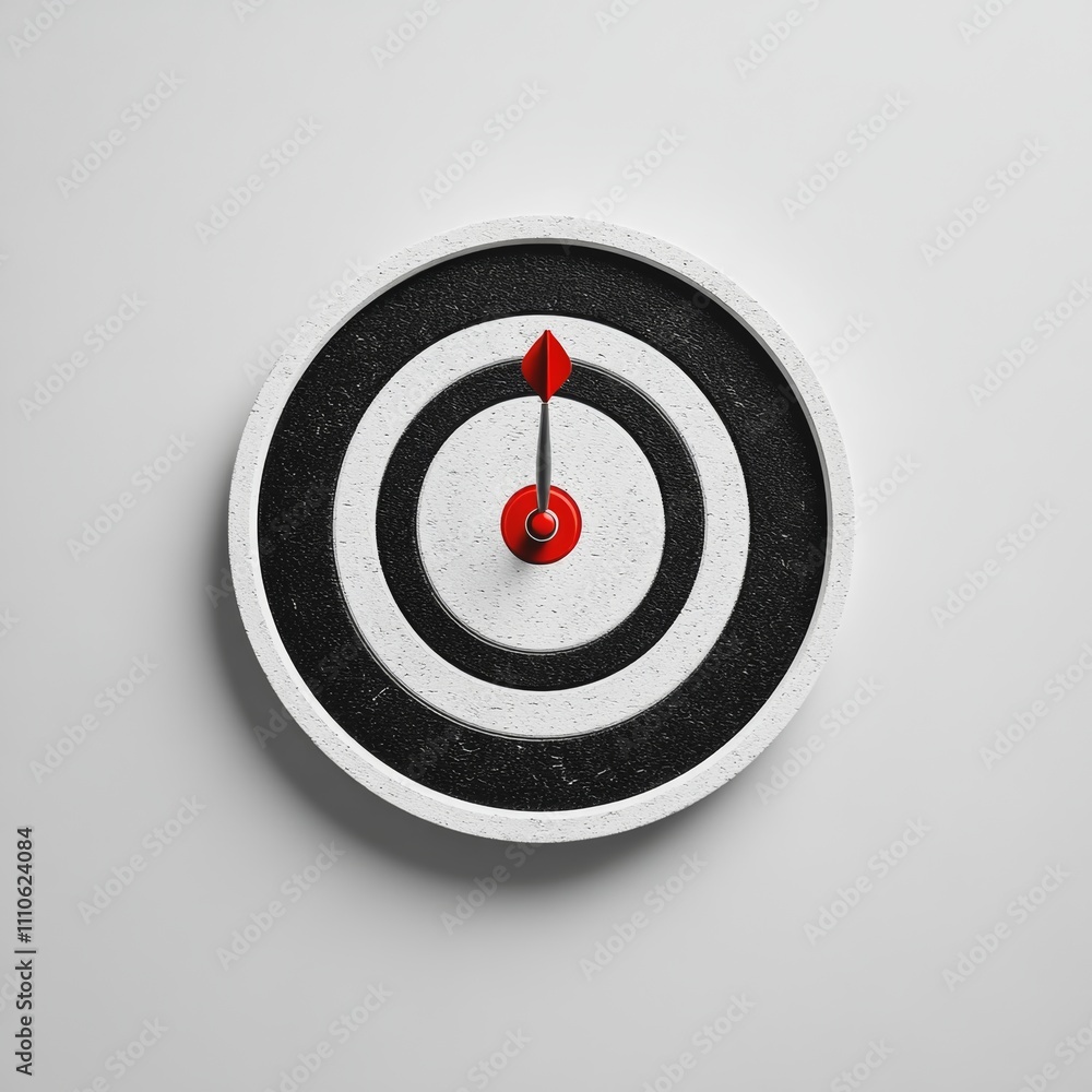 A minimalistic dartboard with a single dart aimed at its bullseye on a blank background A minimalistic dartboard with a single dart aimed at its bullseye on a blank background