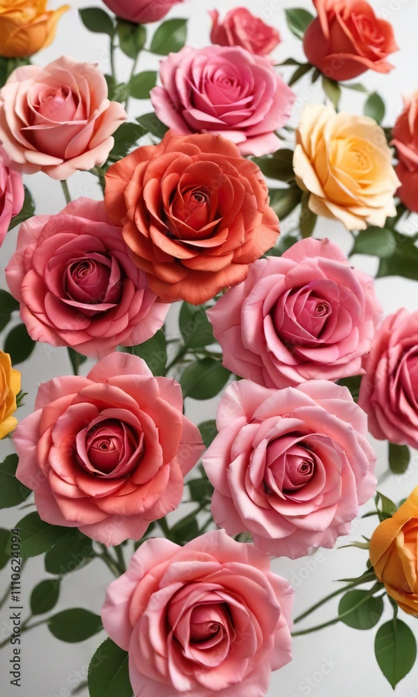 Close-up view of vibrant paper roses on a white background, colorful, multicolored Close-up view of vibrant paper roses on a white background, colorful, multicolored