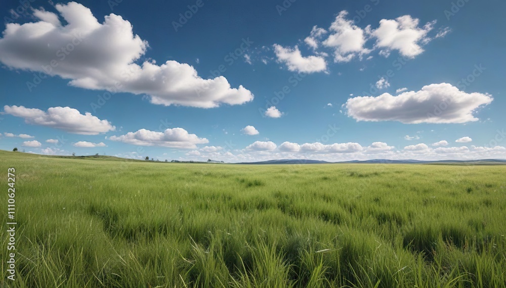 Obraz premium Panoramic view of vast grass field under blue sky, horizon, summer