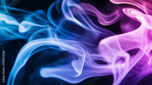 Abstract swirling blue and pink smoke on black background 