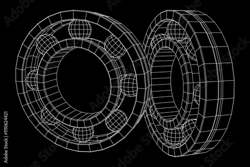 Roller bearing. Circular round rotating bearings used in industry for heavy equipment mechanical work and engineering. Wireframe low poly mesh vector illustration. photo