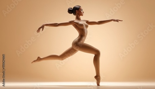 Wooden mannequin posed in an elegant dance position, with soft shadows and a smooth beige backdrop creating a simple, artistic vibe