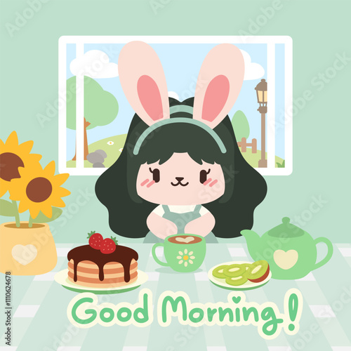 Adorable bunny morning breakfast with pancakes and sunflowers. Kawaii bunny in a cozy breakfast scene with green pastel vibes.