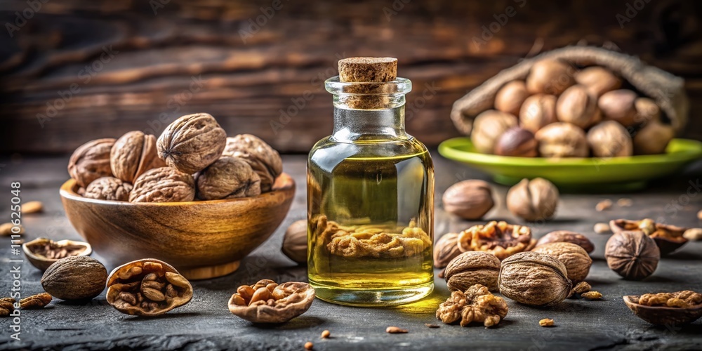 Bottle of Walnut Oil Surrounded by Whole Nuts and Kernels on Textured Stone Background for Culinary and Wellness Applications with Copy Space Bottle of Walnut Oil Surrounded by Whole Nuts and Kernels on Textured Stone Background for Culinary and Wellness Applications with Copy Space