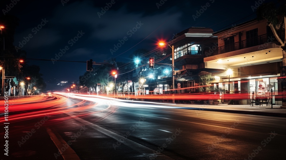 A long exposure photo of a nighttime street scene . Golden Hour Lighting illuminates,generative ai illustration A long exposure photo of a nighttime street scene . Golden Hour Lighting illuminates,generative ai illustration