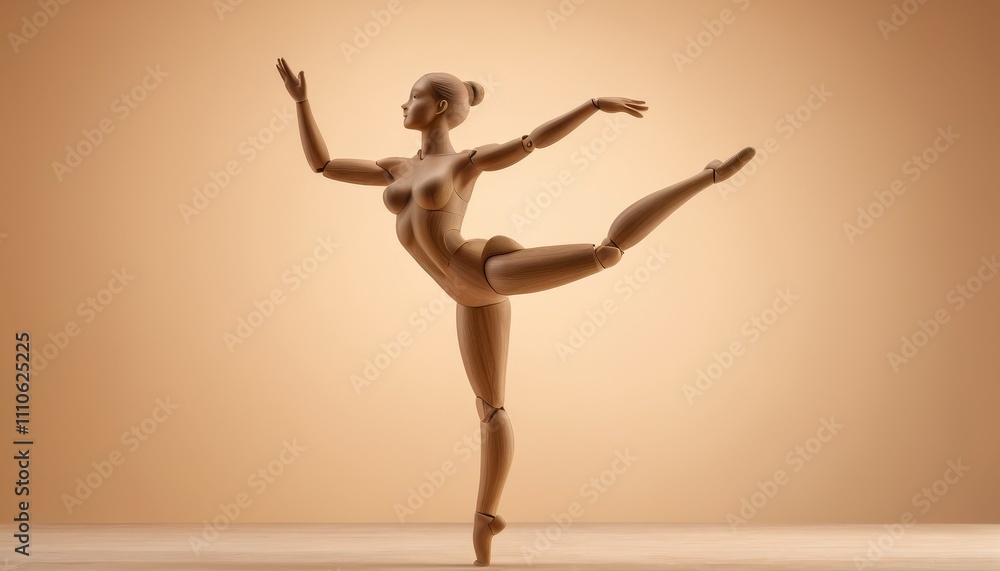 Wooden mannequin posed in an elegant dance position, with soft shadows and a smooth beige backdrop creating a simple, artistic vibe Wooden mannequin posed in an elegant dance position, with soft shadows and a smooth beige backdrop creating a simple, artistic vibe