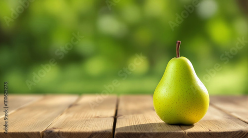 Pear wooden background photograph for World Pear Day copy space text  and fresh green pear with natural lighting on rustic table photo