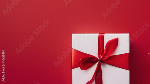 Top view photo of red Christmas tree balls and small white gift boxes with ribbons and gold confetti on isolated empty wide red background with empty space