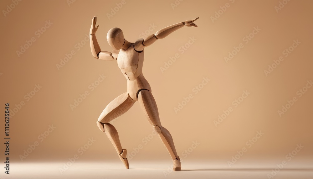 Artistic wooden figure frozen in a graceful dance move, set against a clean beige background with subtle shadows Artistic wooden figure frozen in a graceful dance move, set against a clean beige background with subtle shadows