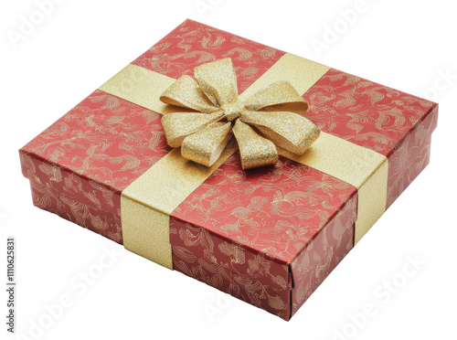 Beautifully wrapped gift box with elegant bow, cut out - stock png.