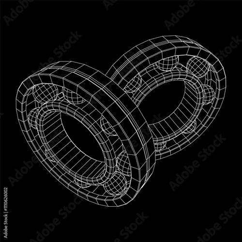 Roller bearing. Circular round rotating bearings used in industry for heavy equipment mechanical work and engineering. Wireframe low poly mesh vector illustration.