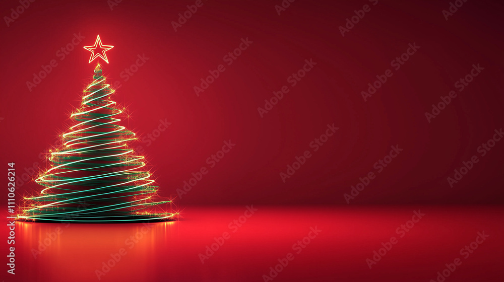 custom made wallpaper toronto digitalGlowing Christmas tree made of light spirals with a neon star topper on a red background, festive and modern.