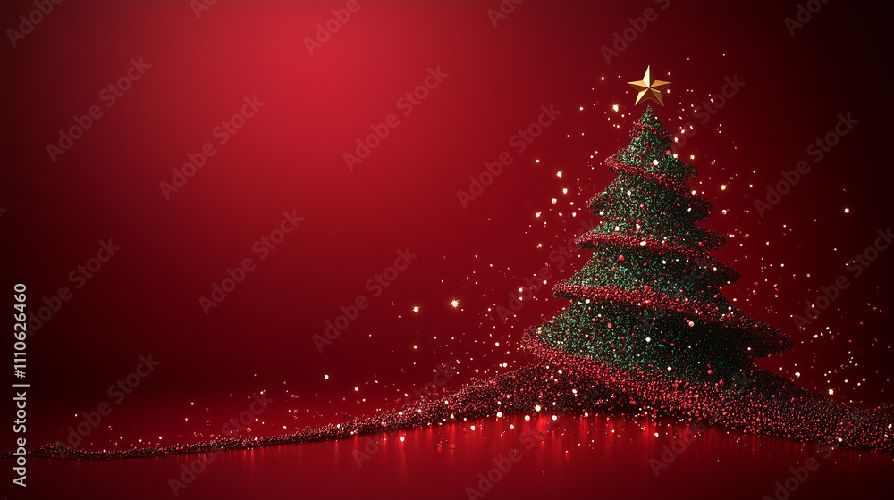 Sparkling Christmas tree with glittering red and green particles on a deep red background, magical holiday atmosphere. Sparkling Christmas tree with glittering red and green particles on a deep red background, magical holiday atmosphere.