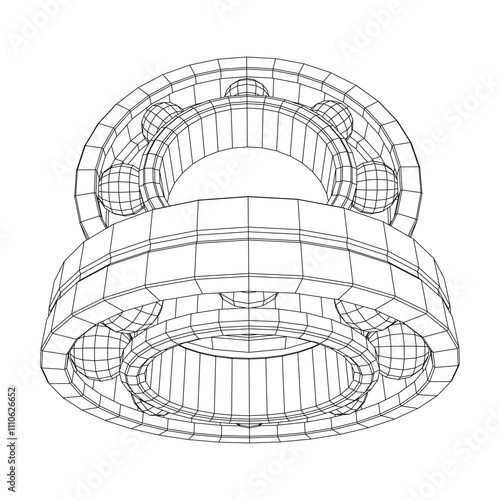 Roller bearing. Circular round rotating bearings used in industry for heavy equipment mechanical work and engineering. Wireframe low poly mesh vector illustration.