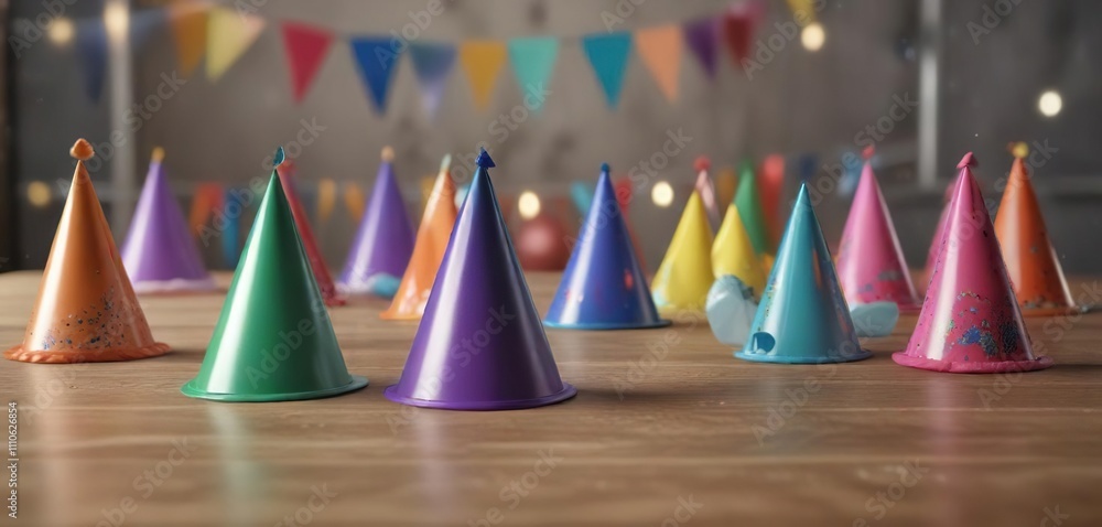Group of birthday party hats and noise makers on a table, colorful, accessories Group of birthday party hats and noise makers on a table, colorful, accessories