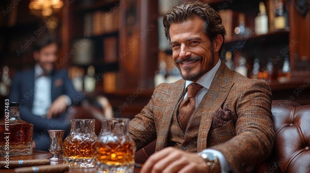 Elegant Gentlemen in Classic Library with Whiskey and Smiles Aplenty Elegant Gentlemen in Classic Library with Whiskey and Smiles Aplenty