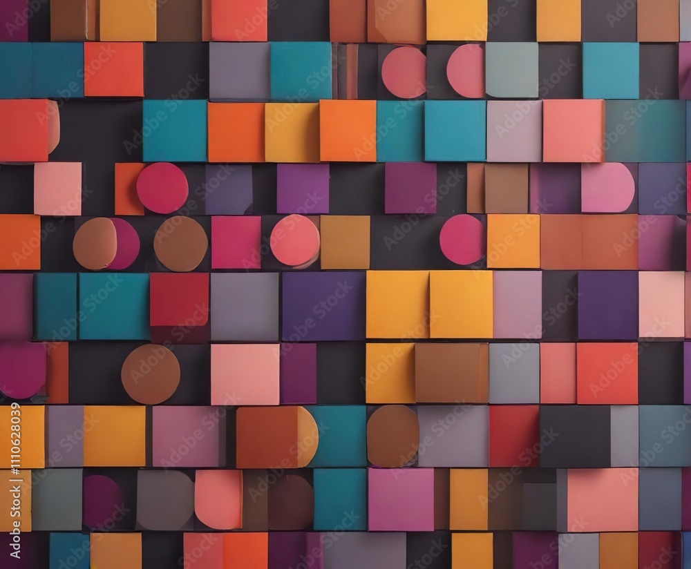 Bold and colorful graphic pattern with squares and circles, primary colors, bold, circles Bold and colorful graphic pattern with squares and circles, primary colors, bold, circles