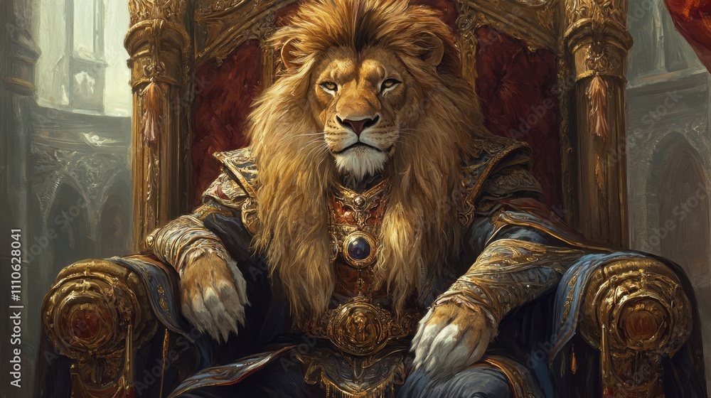 Regal Lion with Majestic Mane Sitting on Ornate Throne in Castle Regal Lion with Majestic Mane Sitting on Ornate Throne in Castle