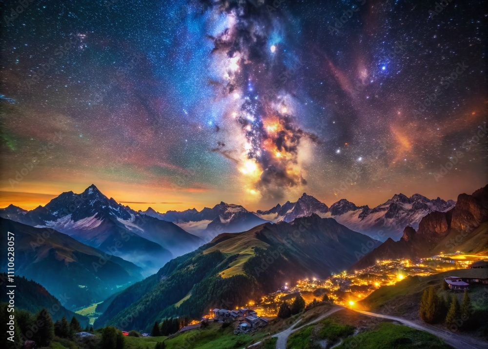Breathtaking View of the Milky Way Over Aosta Valley in the Italian-French Alps During Summer, Showcasing the Starry Sky and High Altitude Beauty Breathtaking View of the Milky Way Over Aosta Valley in the Italian-French Alps During Summer, Showcasing the Starry Sky and High Altitude Beauty