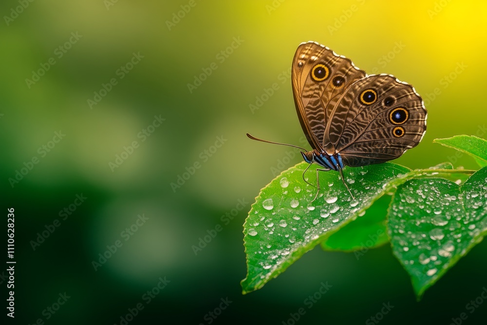 A blue morpho butterfly resting on a dewy green leaf, with water droplets reflecting light around it A blue morpho butterfly resting on a dewy green leaf, with water droplets reflecting light around it