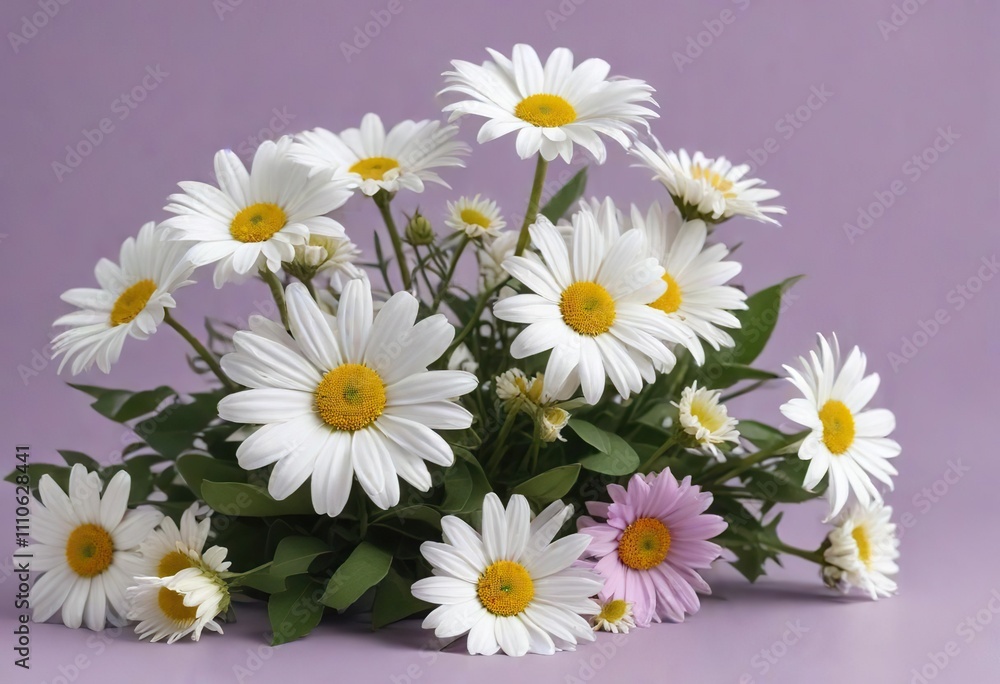 Obraz premium Elegant arrangement of white daisies with green leaves on a light purple background, background, delicate