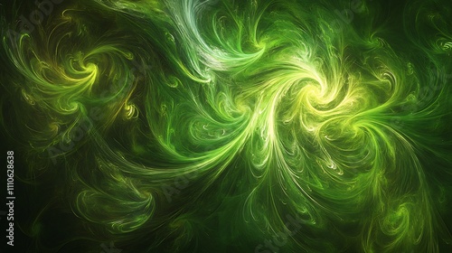 Green swirling lines forming a complex and fluid pattern on a dark background. 