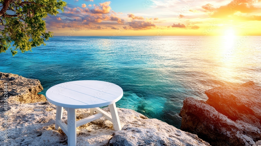 Scenic seascape with a white table overlooking a stunning sunset over calm ocean waters. Scenic seascape with a white table overlooking a stunning sunset over calm ocean waters.
