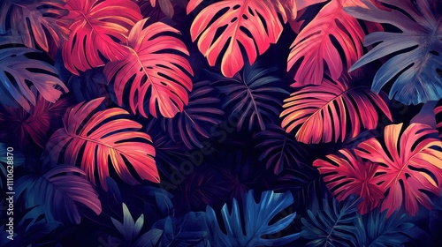 Vibrant tropical leaves arranged artistically on a dark background.