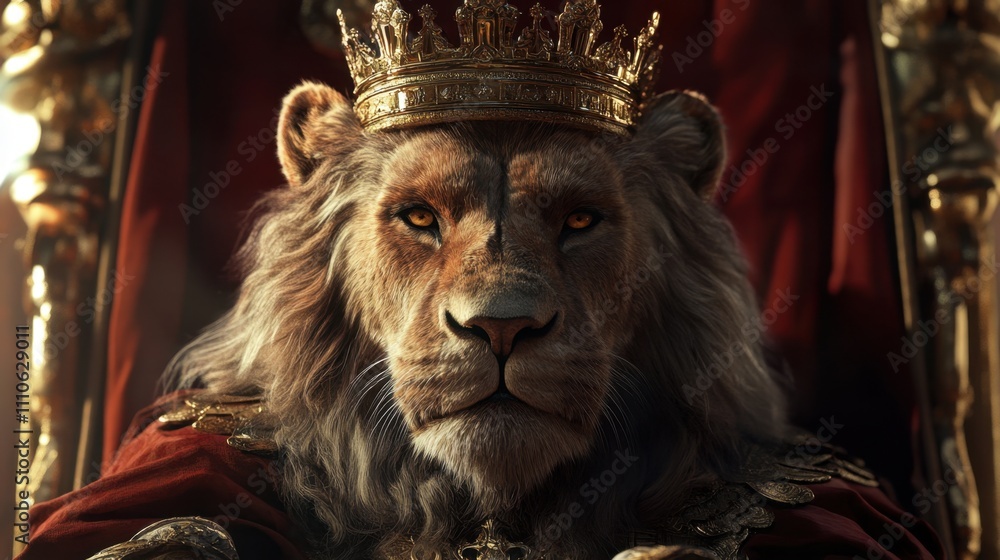 Majestic Lion Sitting on Throne with Crown and Regal Attire Majestic Lion Sitting on Throne with Crown and Regal Attire
