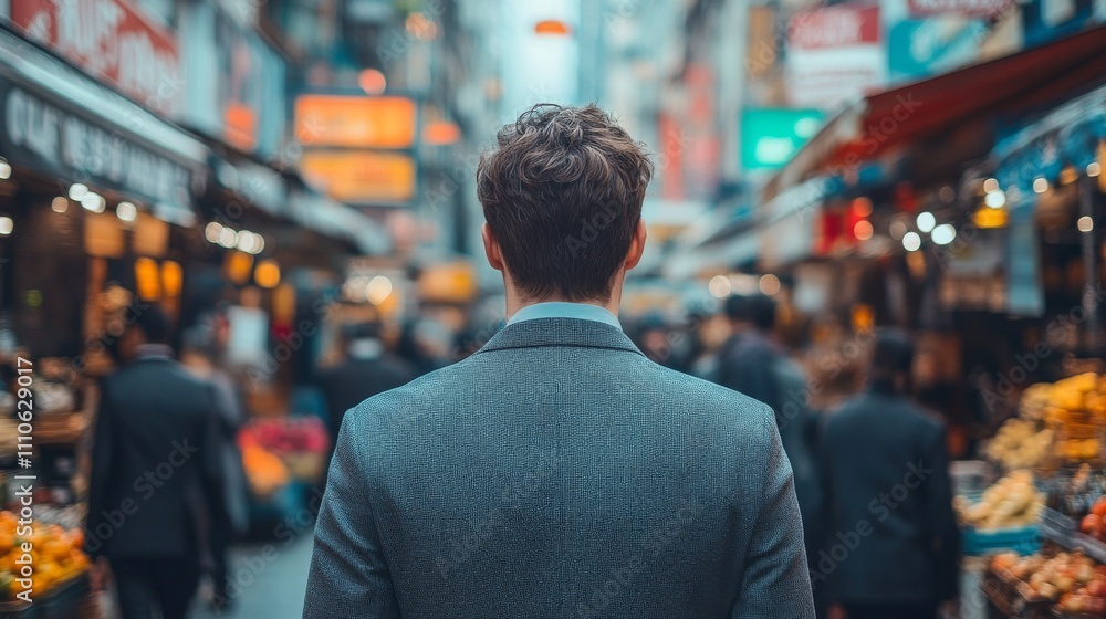 Man in Suit Walks Through Busy City Street Man in Suit Walks Through Busy City Street
