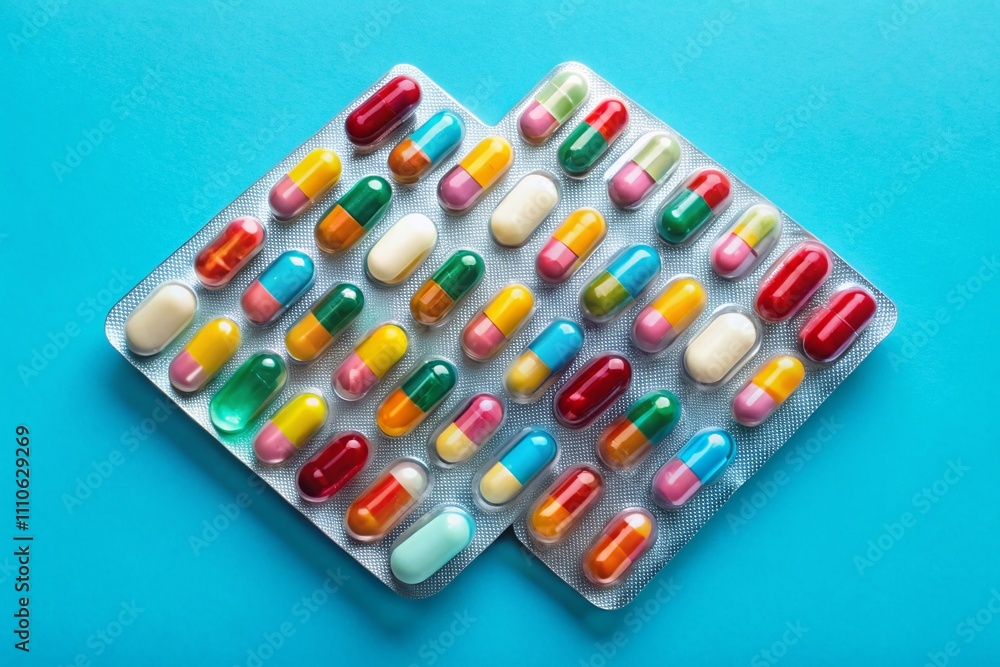 Candid Flat Lay of Medicine Pills and Capsules in Blister Pack on Light Blue Background for Antiviral and Antibiotic Healthcare Concept Photography Candid Flat Lay of Medicine Pills and Capsules in Blister Pack on Light Blue Background for Antiviral and Antibiotic Healthcare Concept Photography