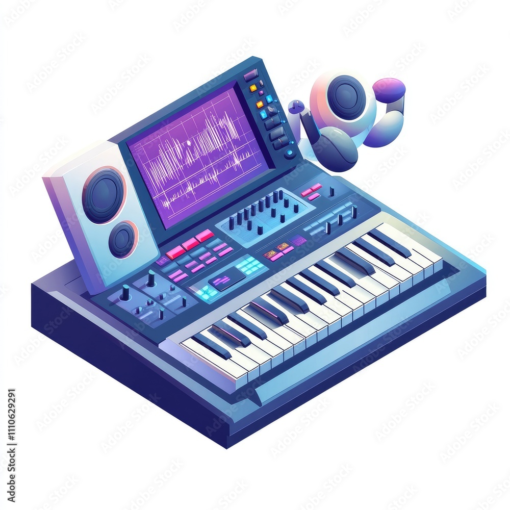 Isometric illustration of a synthesizer with speakers and headphones. Isometric illustration of a synthesizer with speakers and headphones.