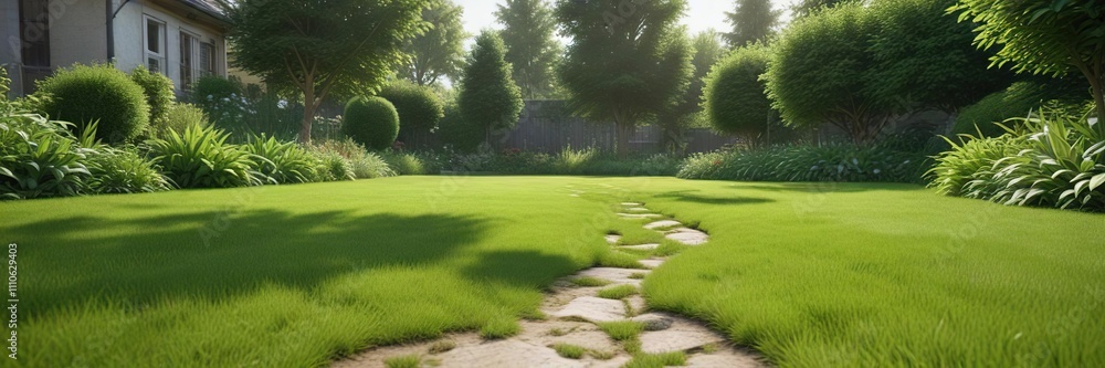 Beautiful garden with freshly cut green grass, gardening, garden care Beautiful garden with freshly cut green grass, gardening, garden care