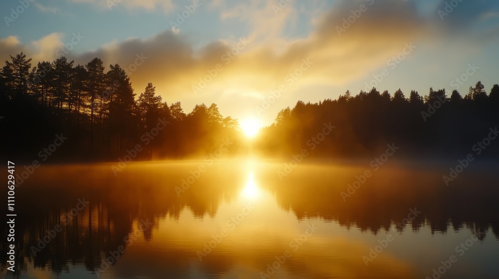 Fototapeta premium A peaceful sunrise over a foggy lake, with silhouettes of trees in the distance. 