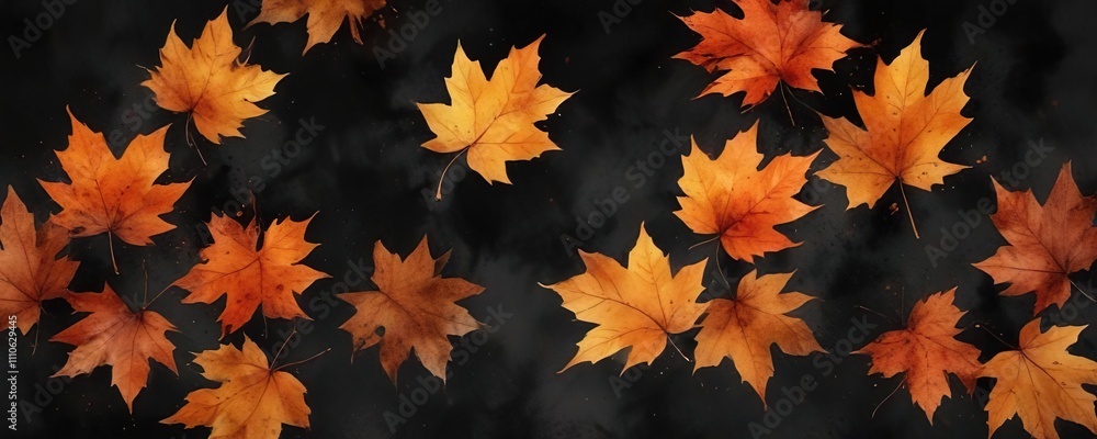 Black and orange abstract autumn leaves with watercolour effects on a dark background, fall foliage, spooky atmosphere, halloween Black and orange abstract autumn leaves with watercolour effects on a dark background, fall foliage, spooky atmosphere, halloween